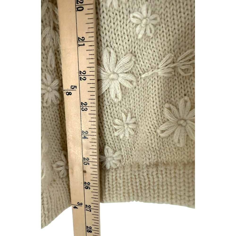 Rebecca Taylor Floral Embroidered Ivory Wool Women's XL Pom Pom Wool Cardigan - Picture 10 of 10